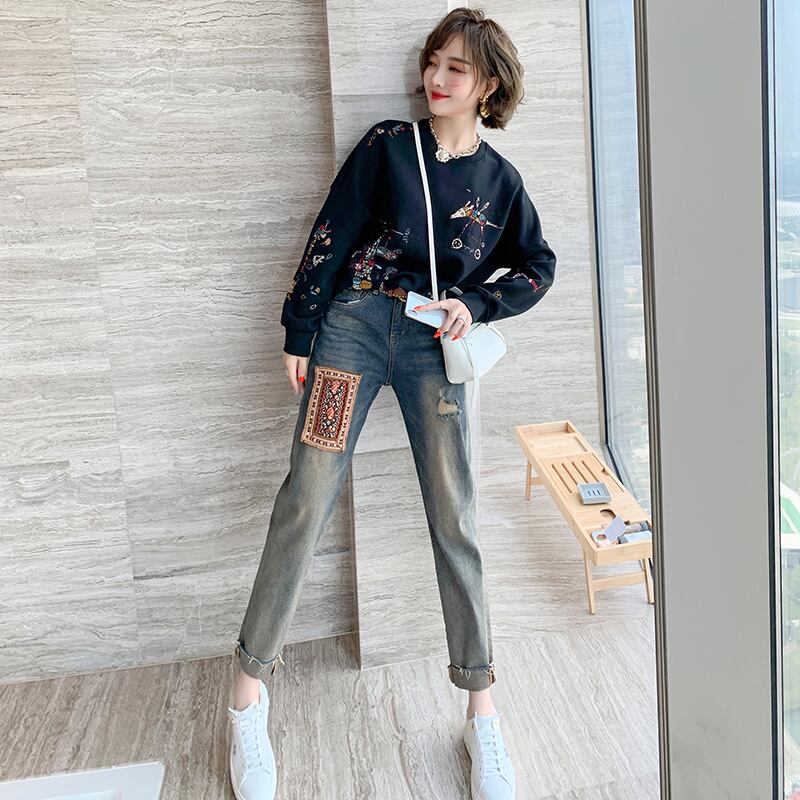 スリーブルーズセーター ジーンズ セット レッド 刺繍 MIUCO31719714422