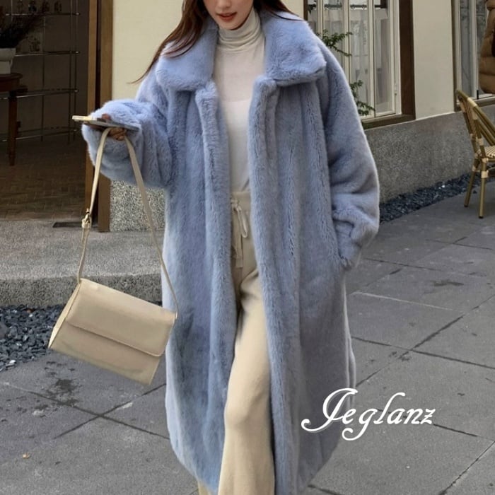 3色 ファーコート エコファー ロング丈 襟付き ルーズフィット ♪(M8503)φ