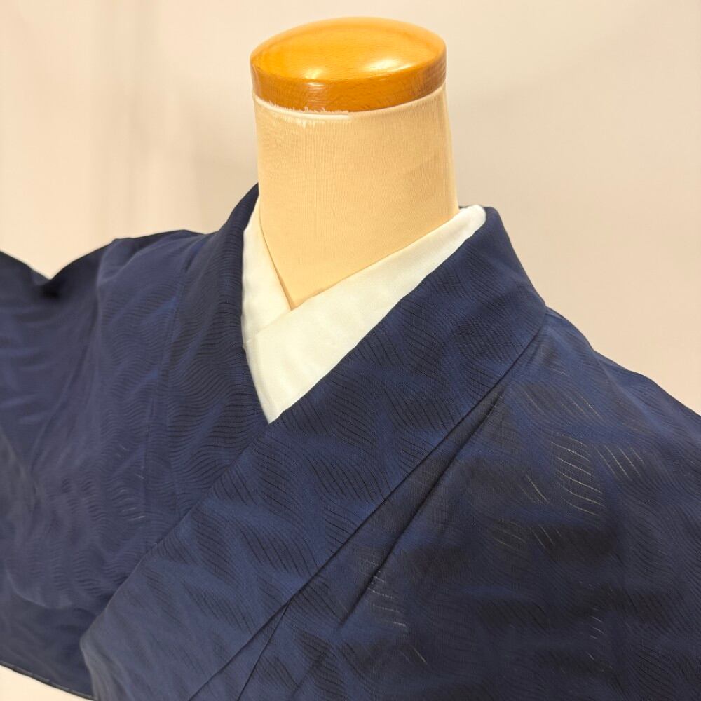小紋 夏 紗 夏用 裄62.8cm 身丈151.3cm 花柄 お洒落着 普段着 正絹 紺 美品 S サイズ 5926
