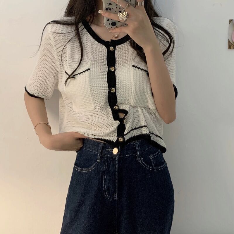 サマースタイルラウンドネックルーズ薄手ニットカーディガントップス 夏物 Oネック ハンチェンe91844410777