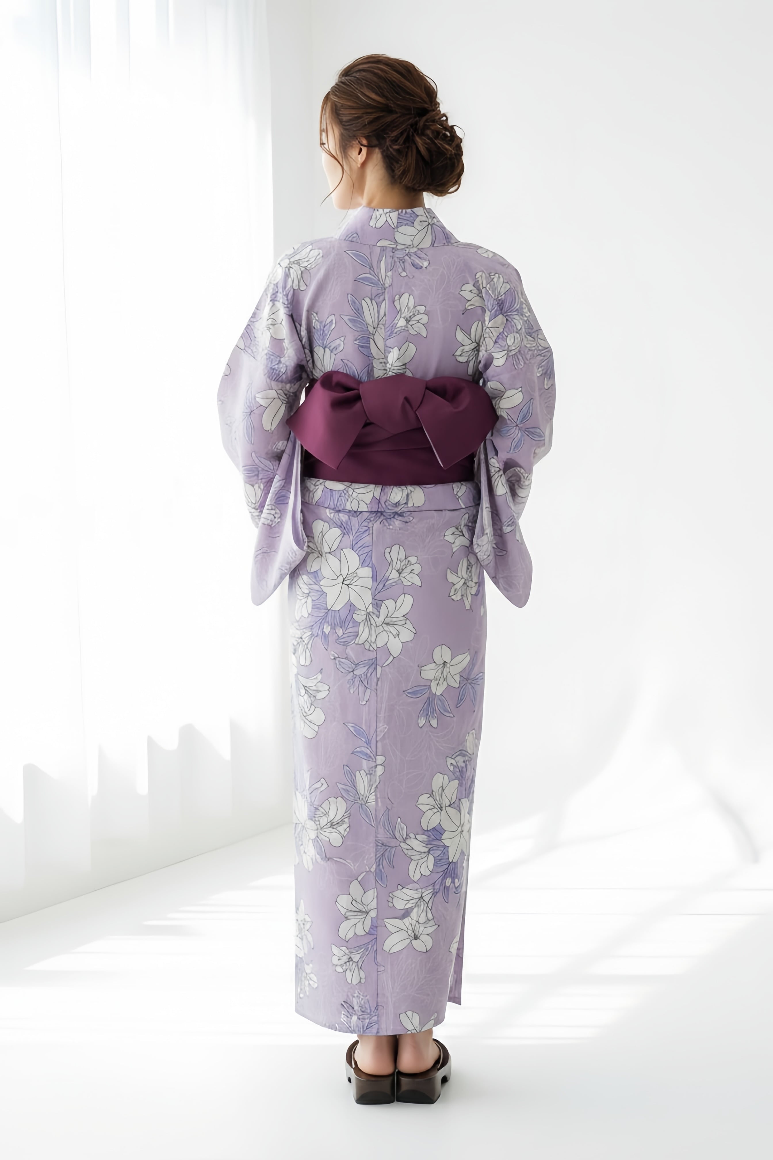浴衣ジェンヌ 浴衣5点セット 紫ピンク 花柄 ゆかた 半幅帯 レディース
