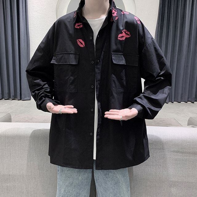 予約販売】シャツ 長袖 メンズ キスマーク kiss ホワイト ブラック