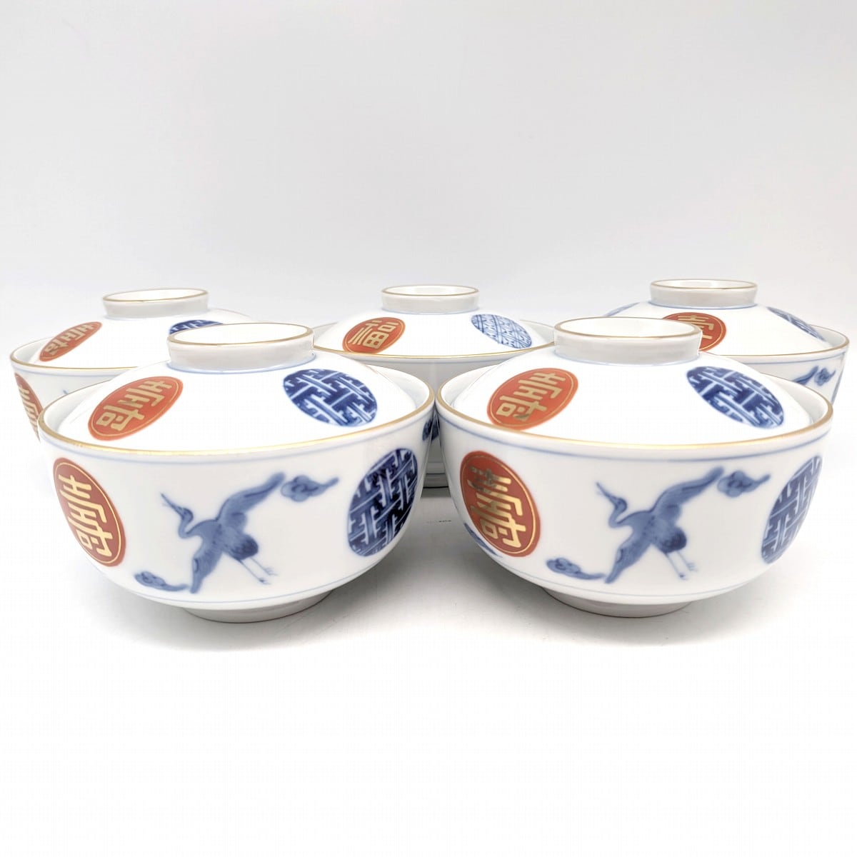 たち吉・雲鶴丸文・雑煮碗・蓋付茶碗・和食器・5客揃・No.230812-07