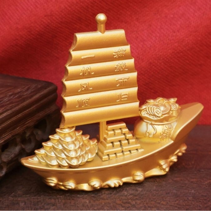 風水 元宝 財宝 船 宝船 置物 オブジェ 金色 ゴールド 黄金 招財 富
