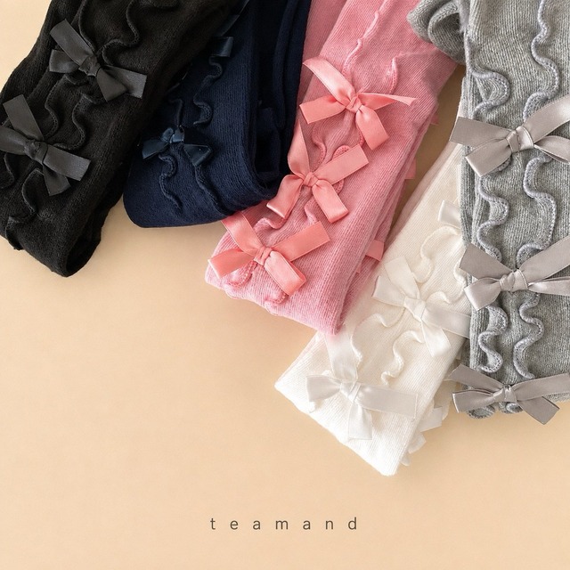 white L 7-8y 18cm足丈［即納］ribbon knee socks / team