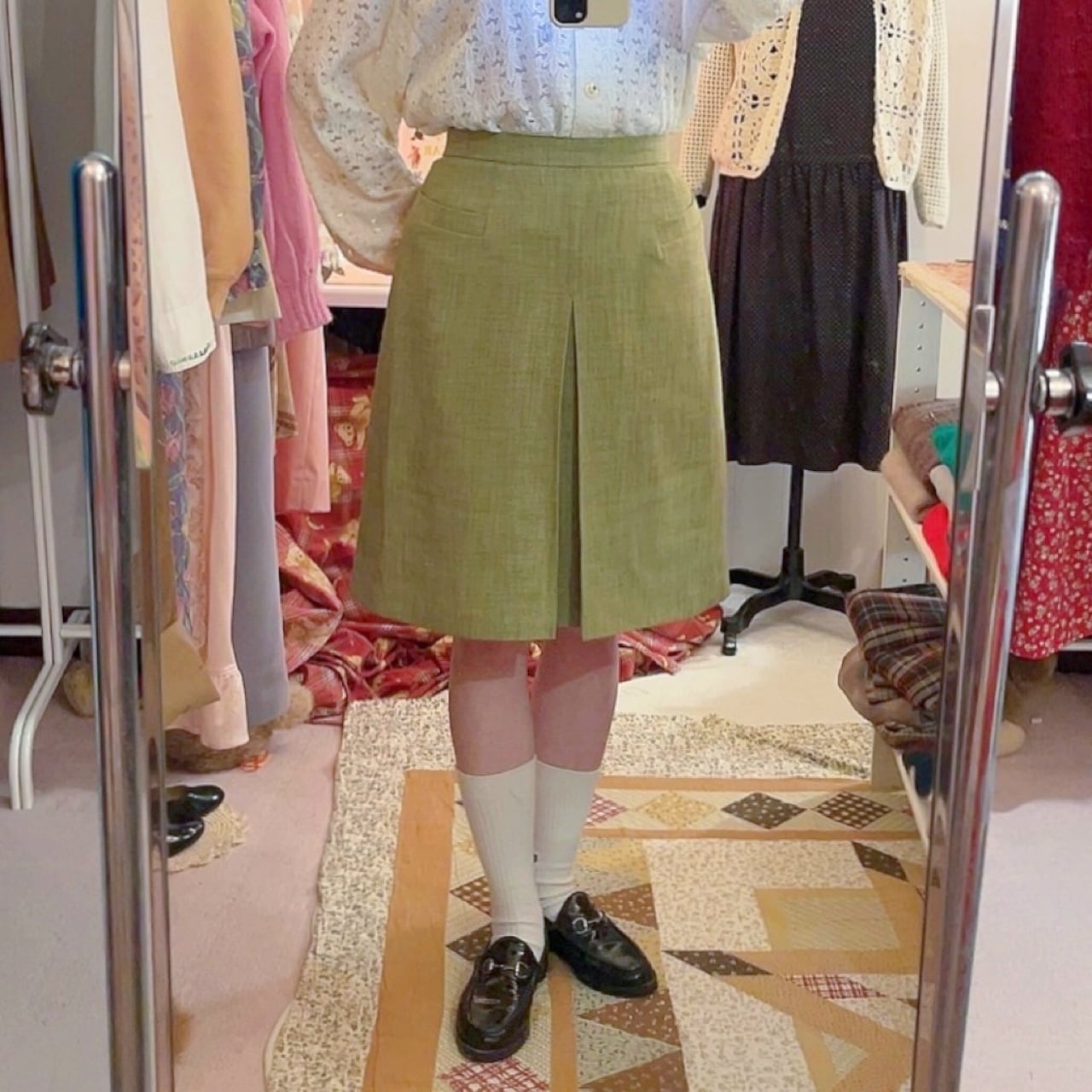 moss green tuck skirt