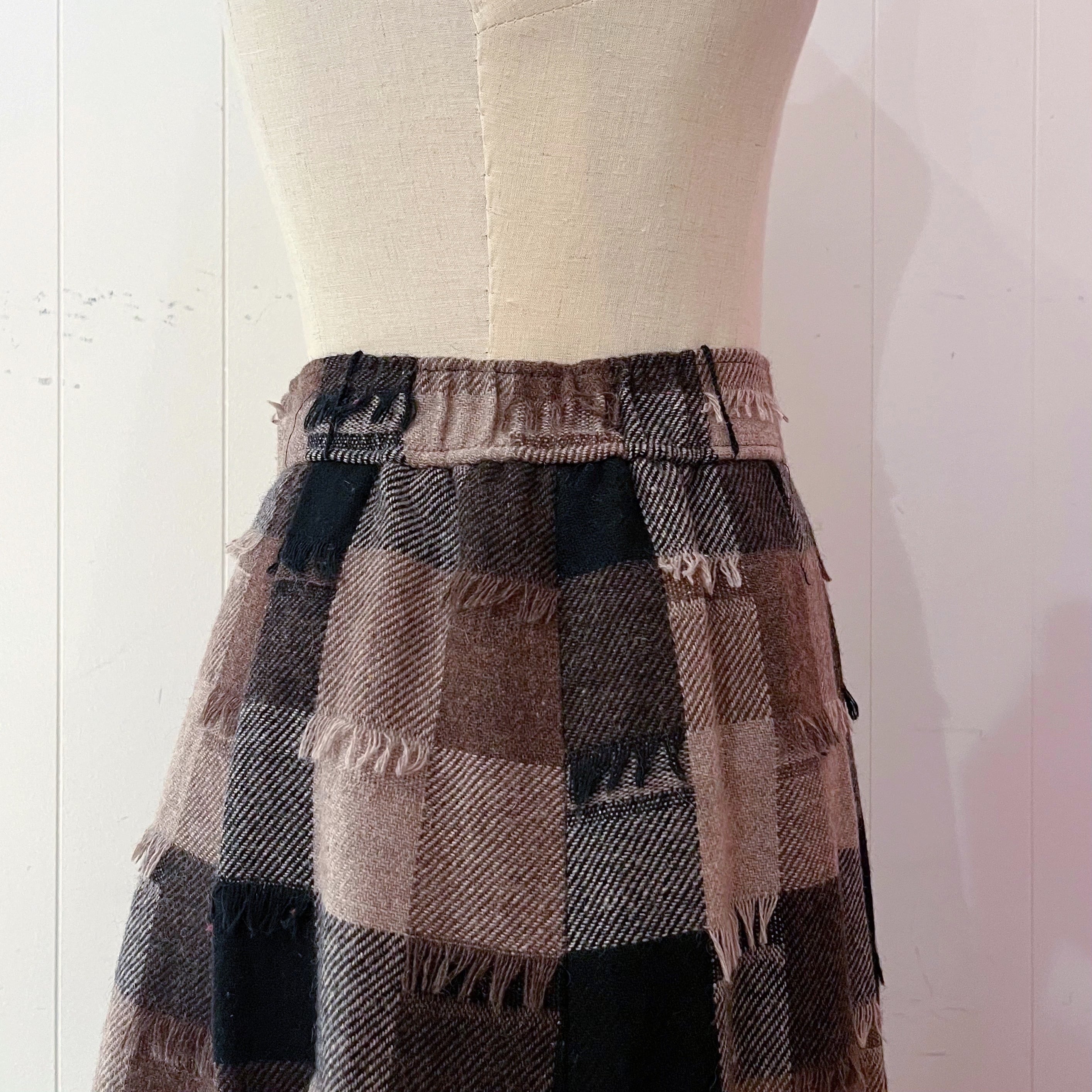 block check fringe wool skirt