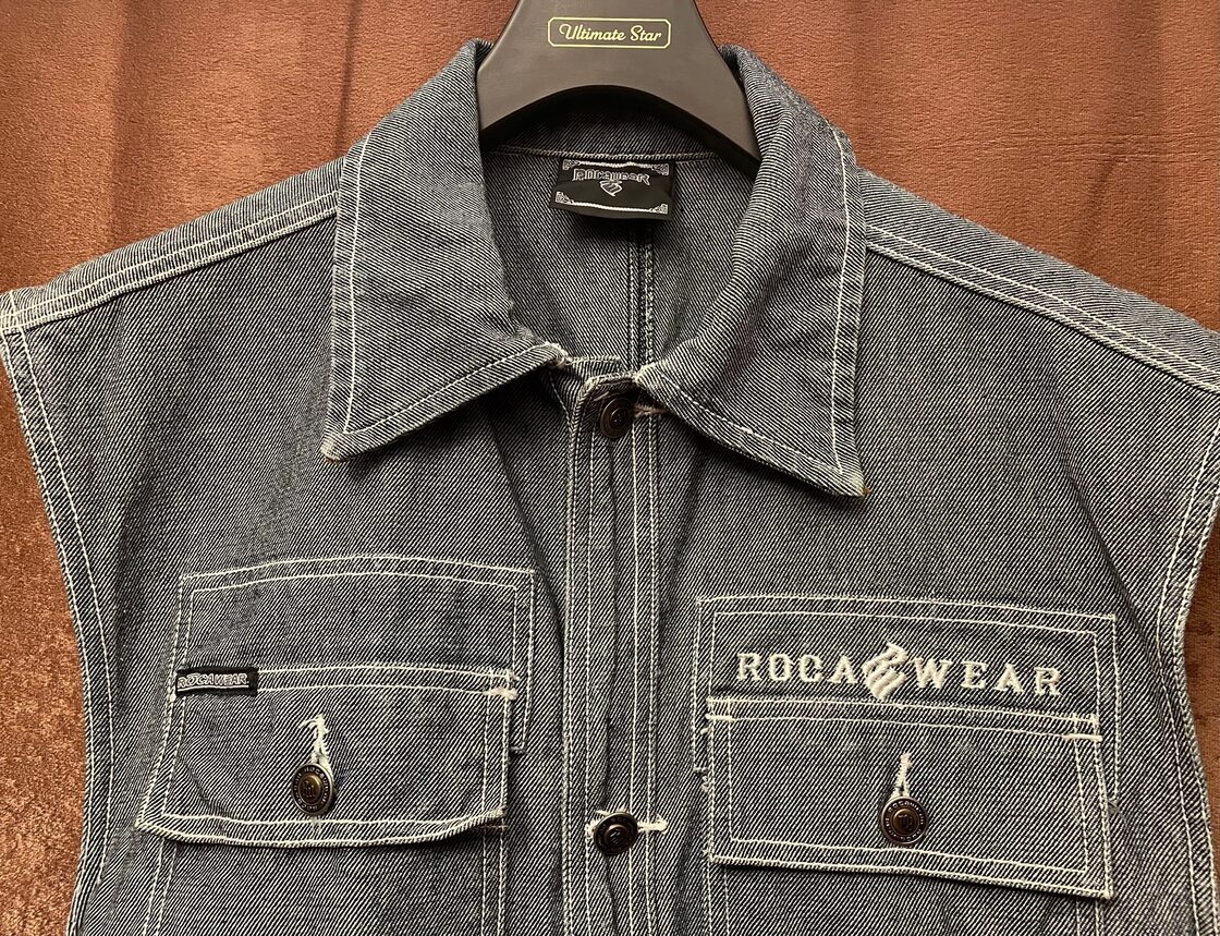 ROCAWEAR ノースリーブデニムベスト ネイビー×ホワイト XLサイズ | PAY ID