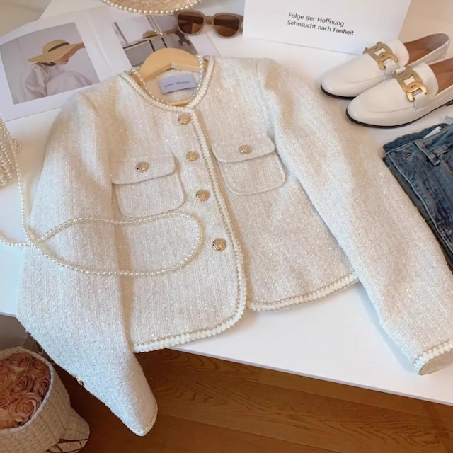 Classic piping trim tweed jacket　M449