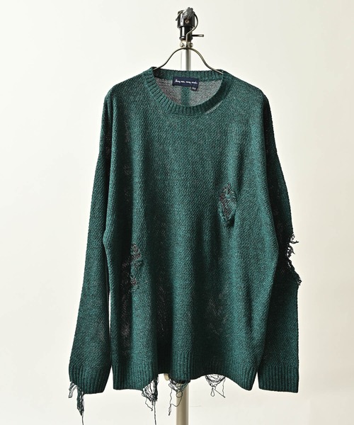 Many men ,many minds. Loose Silhouette Melange Polyester Crew Neck Distressed Knit (GRN) M2221011