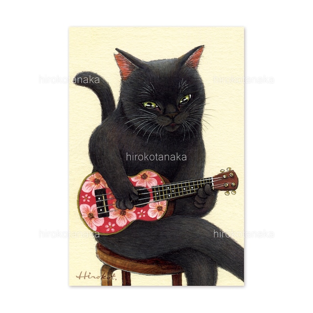 25.ウクレレ弾きの黒猫 ポストカード / Black Cat and Ukulele Postcard