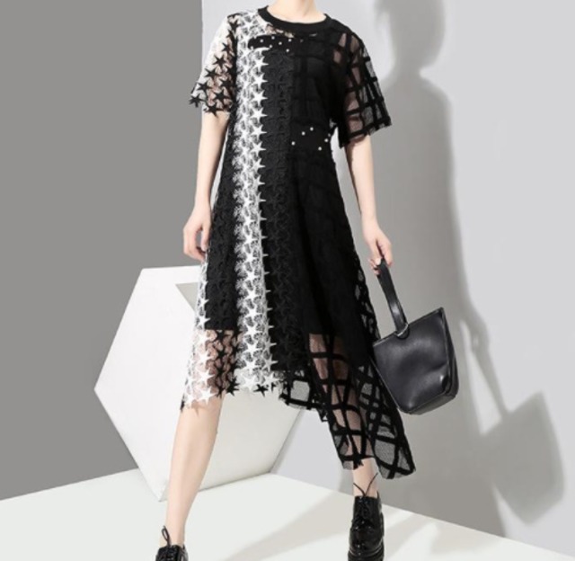 Top Mode ワンピース シースルーレースワンピース 透け 重ね着 レイヤード ロングワンピ レースワンピ 半袖 透け素材 オールレース ロングレースワンピ 春夏秋 かわいい おしゃれ セクシー ニッチ ハイストリート ゆったり ブラック 黒 オーバーサイズ 個性的 代 30代