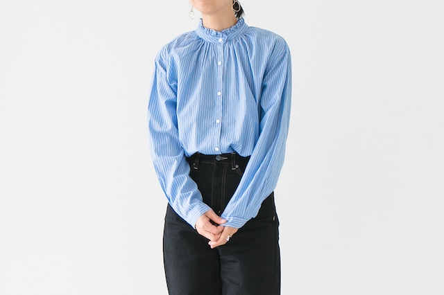 COTTON VOILE STRIPE - STAND FRILL SHIRT：コットンボイルストライプ - スタンドフリルシャツ