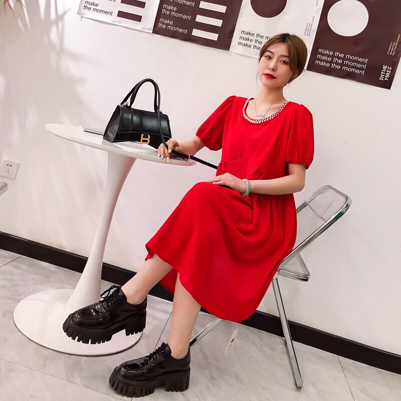 サマーラウンドネックホルターレースドレス スリムスカート 大きめサイズ 夏物 Oネック ミックスインファッション25786658033