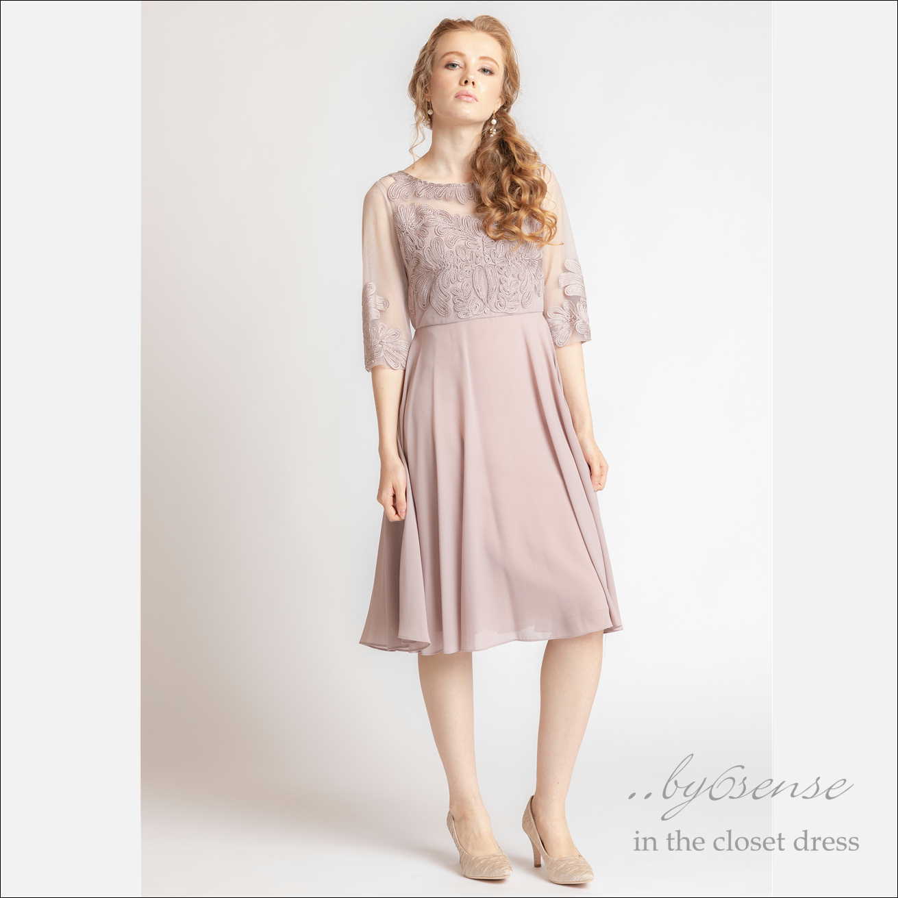 2color 袖付きコード刺繍レースミドル丈シフォンスカートワンピース Dorry Doll(ドリードールドレス)セールドレス