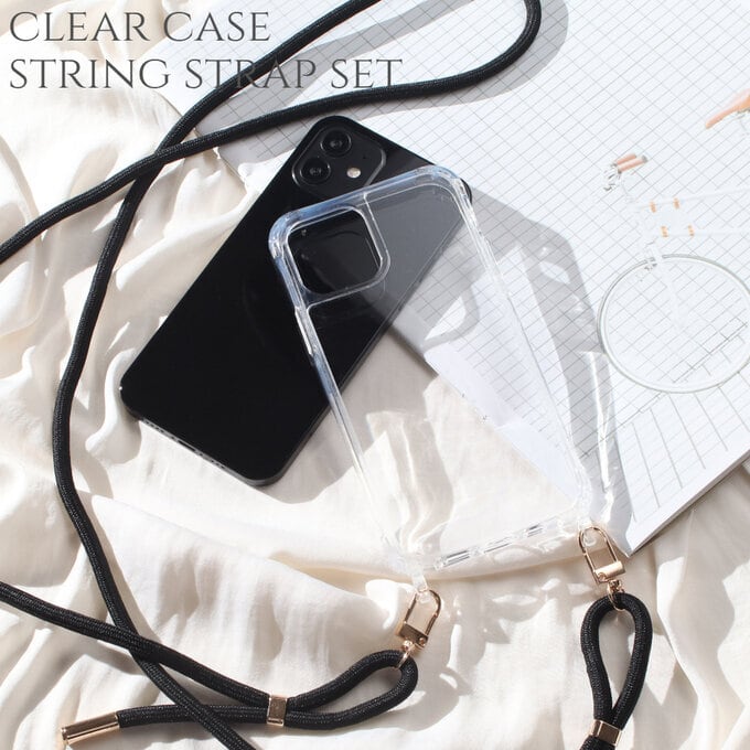 【クリアケース】 iphone ケース ショルダー ストラップセット シンプル 肩掛け バッグ風 お出掛け 韓国 大人 可愛い ブラック