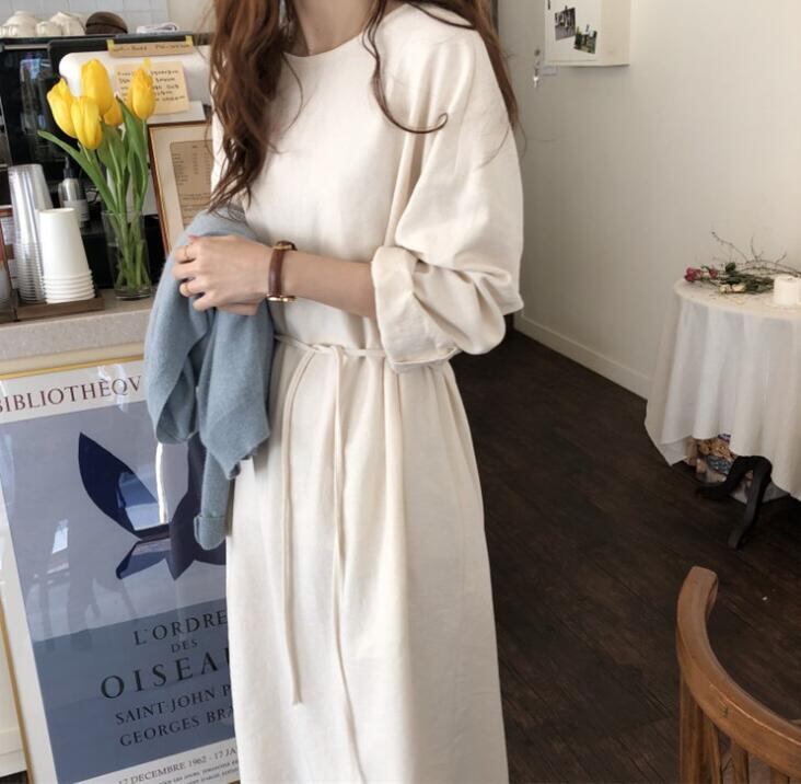 ワンピース 韓国風 ロング丈ワンピース ラウンドネック 秋新作 レディース服 着回し 体型カバー