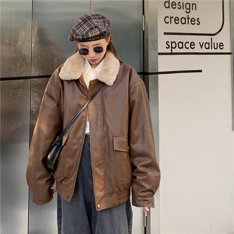 韓国ファッション レトロ INS ぬいぐるみ 革のジャケット ジャケットフライドストリートコート