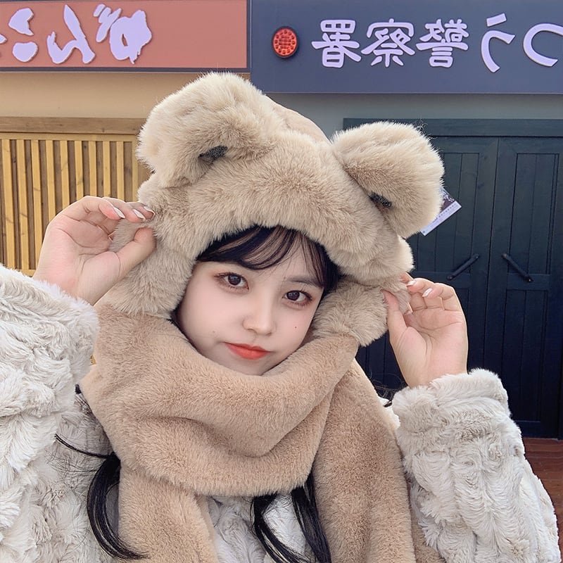キュートなくま耳付き フード付き マフラー フェイクファー もこもこ ふわふわ あったか キュート かわいい お揃い ディズニーコーデ Lamitte Deco トレンド 韓国ファッション ショップ Base店