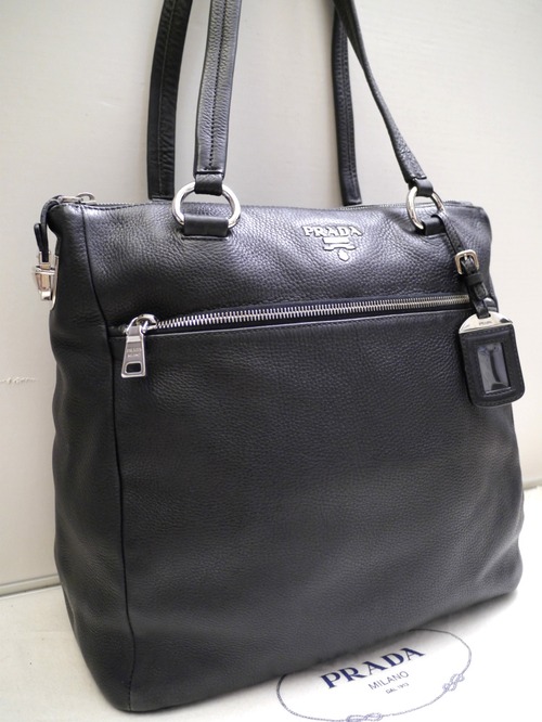 美品24万◆PRADA プラダ A4対応 ビジネス可 ユニセックス Wジップ レザー トート バッグ 黒x銀◆ 肩掛けも可能なビジネス対応の希少モデル