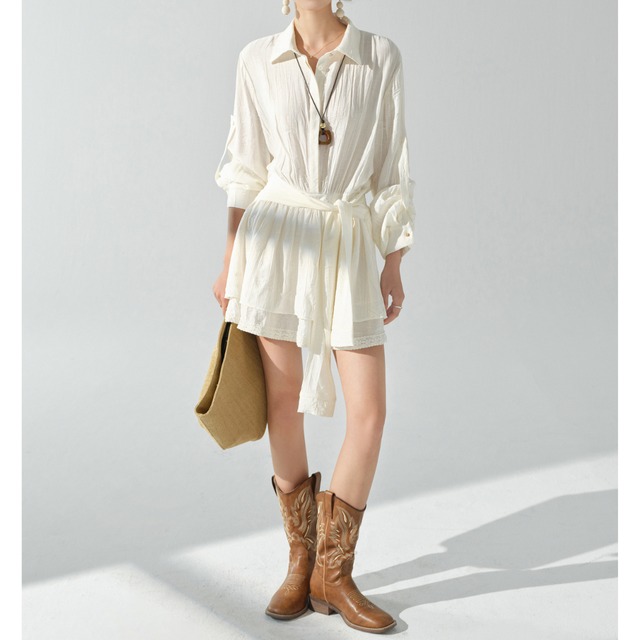 ベルト付きロングスリーブシャツワンピース 00224