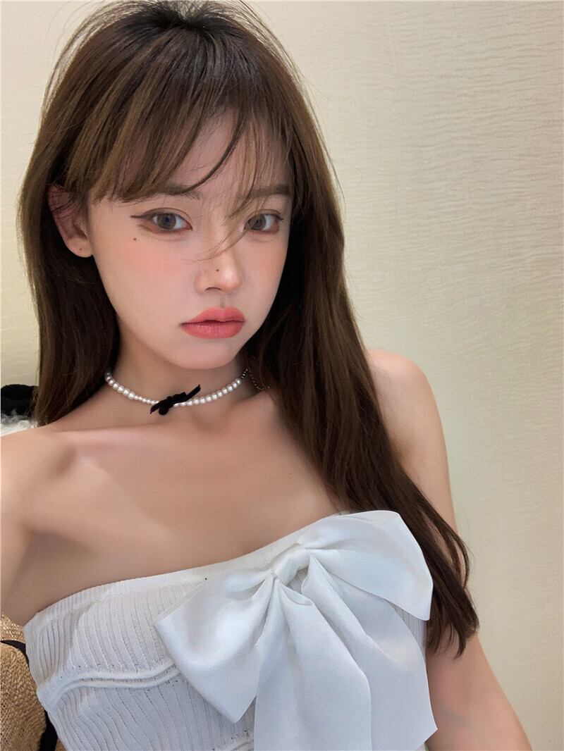 ニットトップス サマーホワイトリボン薄手 夏物 ピュア ブラックストロベリース81113823115