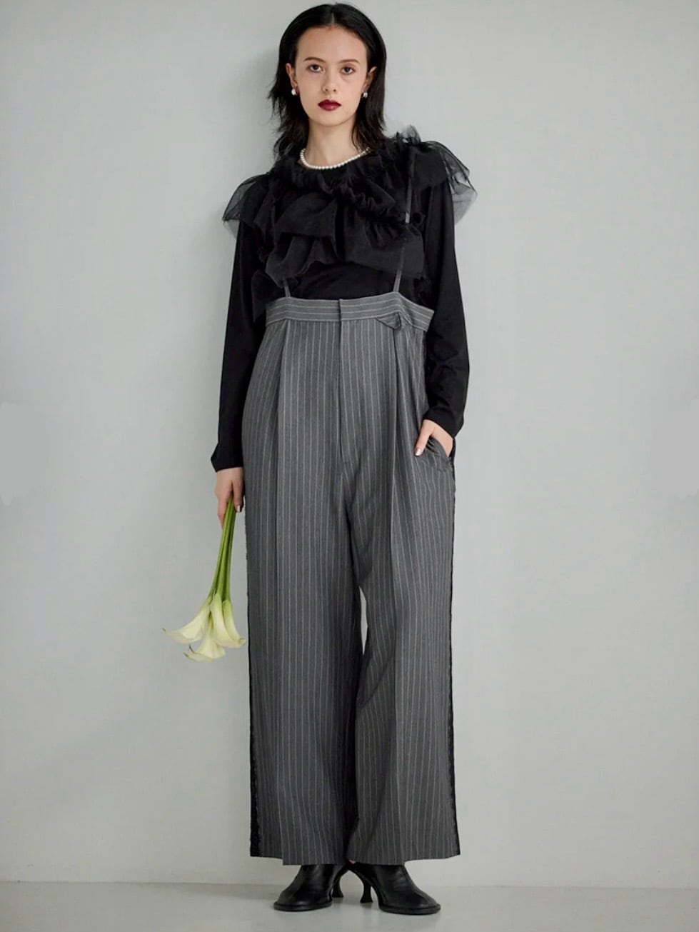 【送料無料】Mewl(ミュール) ハイウエストサロペット サロペ ストライプ タックワイドパンツ 手洗い可能 M254-33043