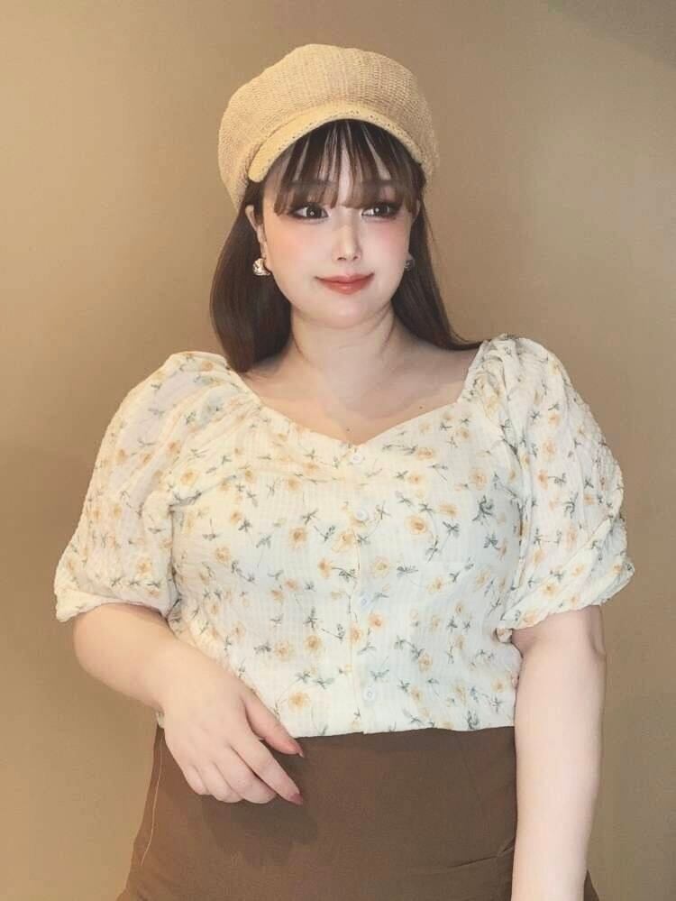 ボタンダウン花柄シフォンブラウス ガーリーコーデ パフスリーブ ワイドVネック 半袖 かわいい 大きいサイズ 韓国 CH4203