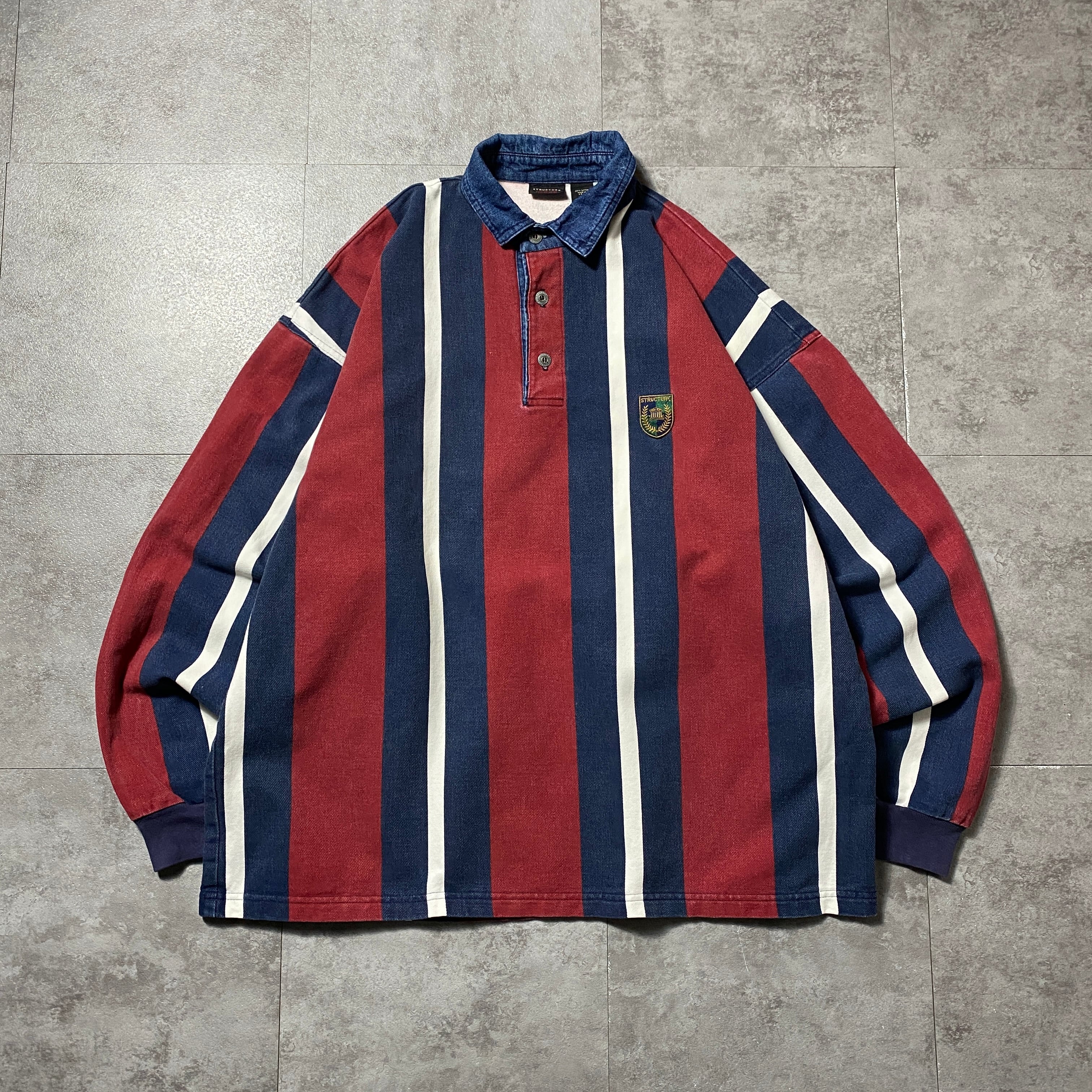 USA製】90's STRUCTURE ストラクチャー ストライプ デニム襟 ヘビー