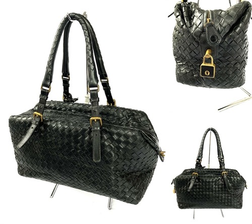 定価26万　BOTTEGA VENETA　ボッテガ　イントレチャート レザー　ブラック ボストン ハンドバッグ ショルダー ミニ 173398