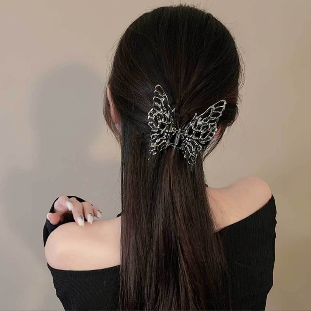 定型 ヘアアクセサリー 黒蝶 ヘアクリップ 挟むタイプ 髪留め シルバー