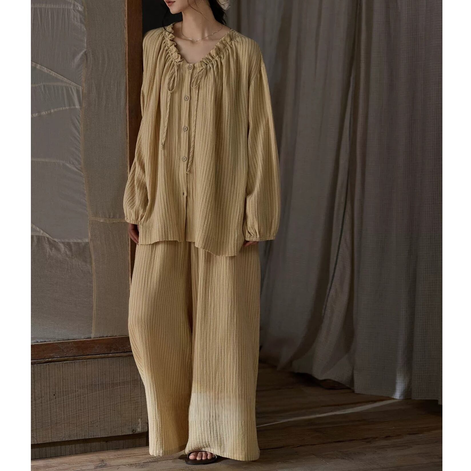 【M-XL】stripe pattern drawstring cardigan style pajamas p1735