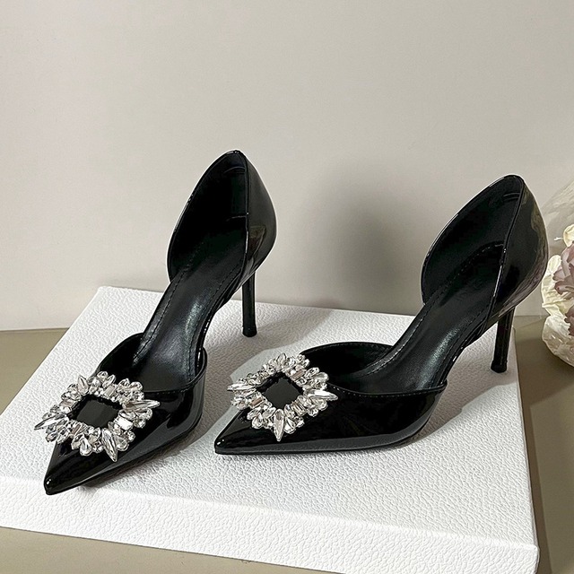 シューズ パンプス 2色展開 ラインストーン サイドオープン ブラック ヌード色 8CM/10CM