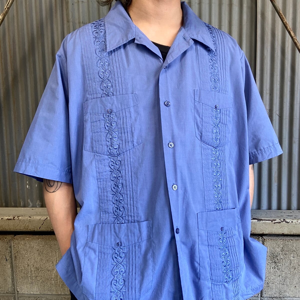 【極希少】キューバシャツ　刺繍　プリーツ　　90s オープンカラーポリシャツ