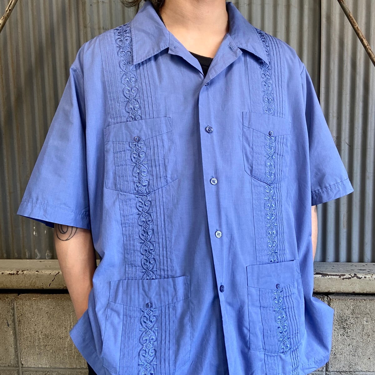 Tropi-Cool 半袖 刺繍 キューバシャツ メンズXL相当 古着 ブルー 青 