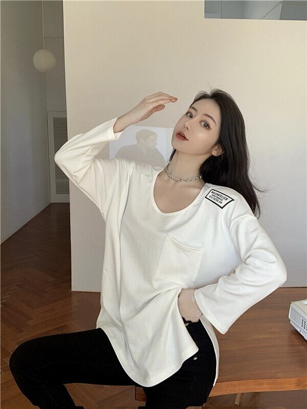 Tシャツレディースミドル丈ルーズバージョンのホワイトスプリット長袖ボトミングシャツ秋冬プラスベルベットパッド入りトップス ブラックストロベリース98659575983