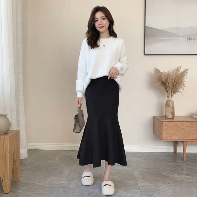 マーメイドスカート ニット レディース スカート ボトムス ロングスカート タイトスカート 膝下 ミモレ丈 ハイウエスト ウエストゴム ニット シンプル 大人 おしゃれ 大人女子 エレガント 存在感 春 秋 冬  デート お出かけ 休日 旅行 普段使い 楽ちん 脚長 定番 送料無料 フリーサイズ ホワイト ブラック カーキ ピンク