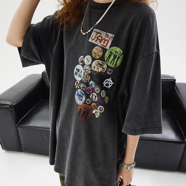 缶バッジプリントデザインビッグシルエットTシャツ   R00274