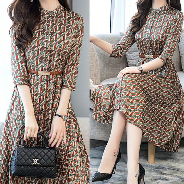 レディース ワンピースドレス レトロ ジオメトリック スタンドネック フレア ミディワンピ 膝下丈 ウエストベルト マルチカラー サイズ展開豊富 S/M/L/XL/2XL/3XL