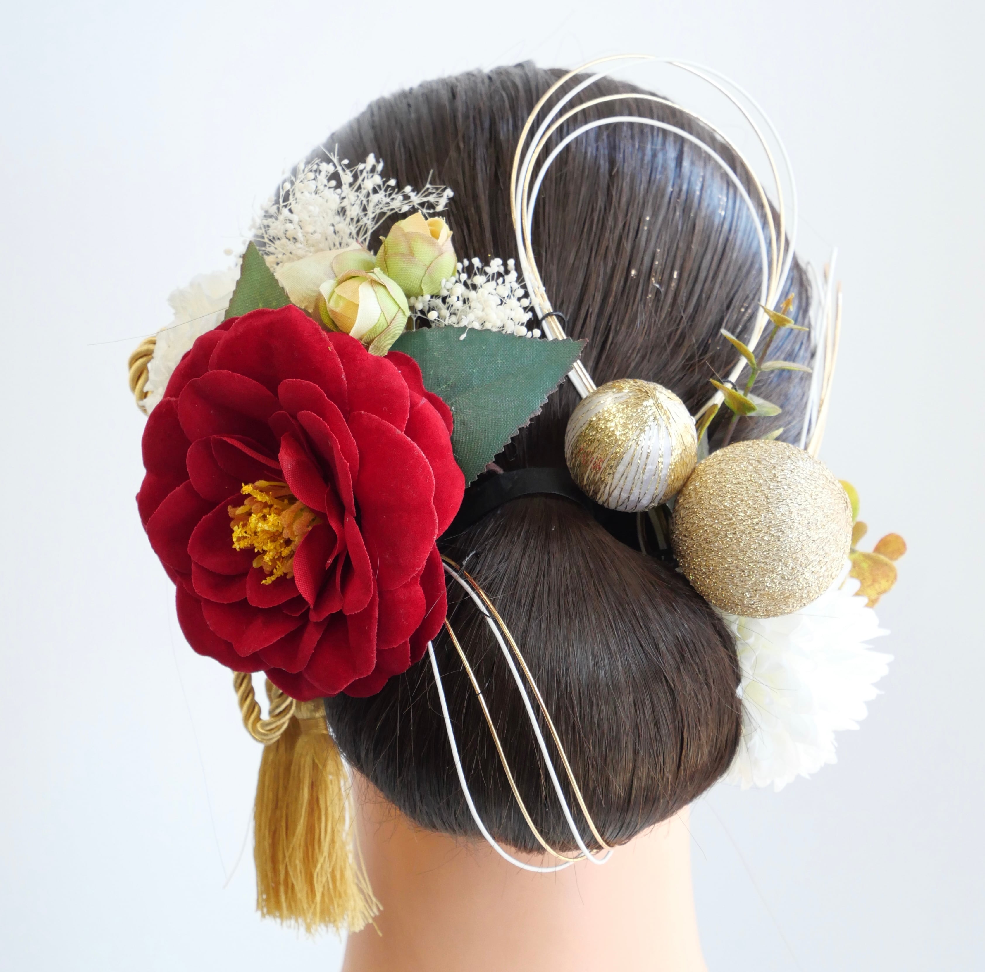 A040 赤 椿の髪飾り 水引 リボン ドライフラワー 成人式 卒業式 和装