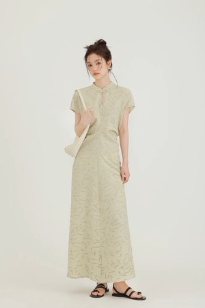 春の竹葉/Spring Bamboo グリーン ワンピース 夏物 袖付き 半袖 チャイナドレス ハイウエスト ラウンドネック ロングスカート