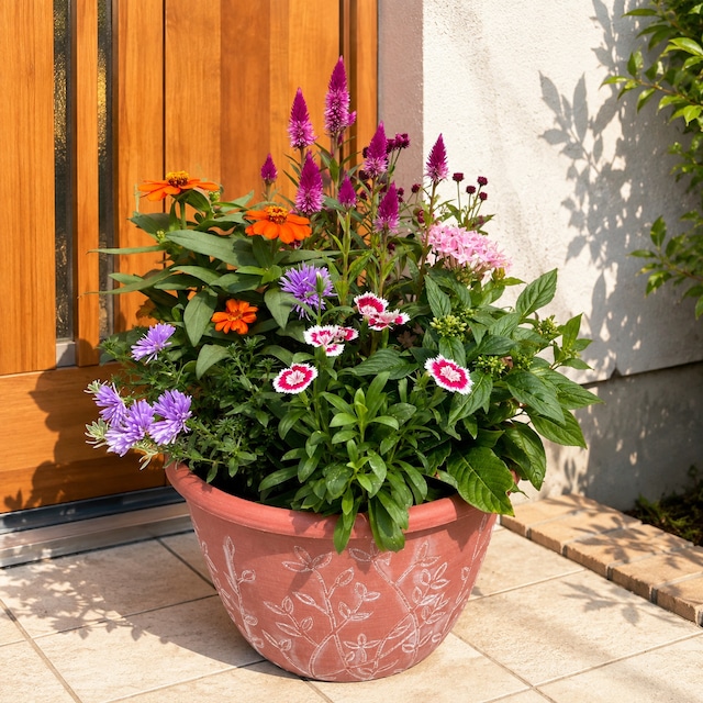 季節の寄せ植え リーフ柄 軽量プラスチック鉢 内径24cm   （レッド・4色展開）６〜7種類のお花で構成 鉢植え ラッピング不可 ギフトメッセージOK