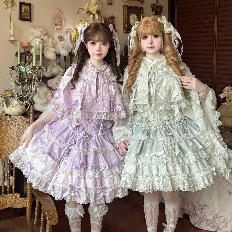 紫陽花の精霊 クラシカルロリィタドレス)|重ねレースが揺れる幻想ワンピース|姫袖ケープ付き上品コーデ