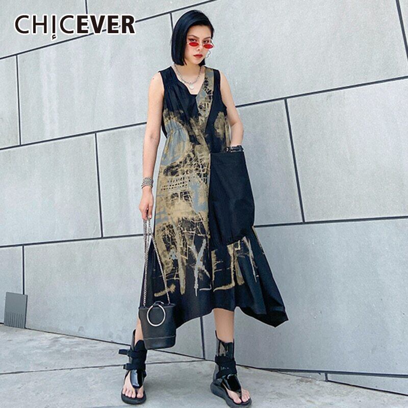 CHICEVERペイントヒットカラードレス女性Vネックノースリーブルーズ特大ポケットドレス洋服2020 6base543310996959