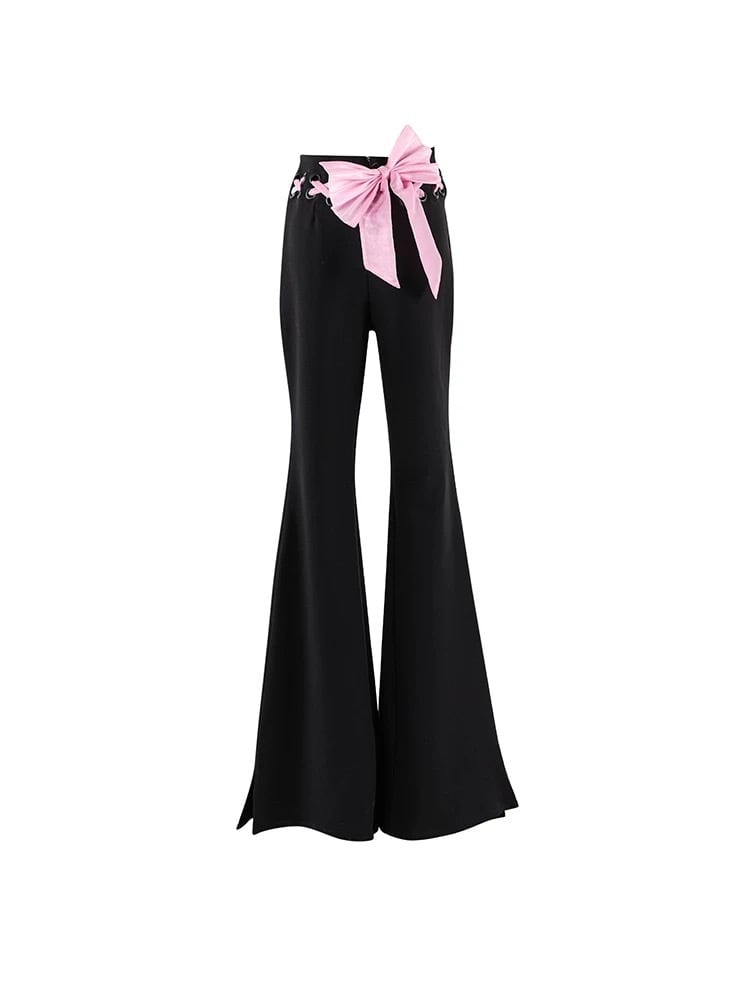 ウエアズボン ピンク 黒リボン レディース パンツ リボン 黒 ピンク パンツ スウェット グラデーション ピンク