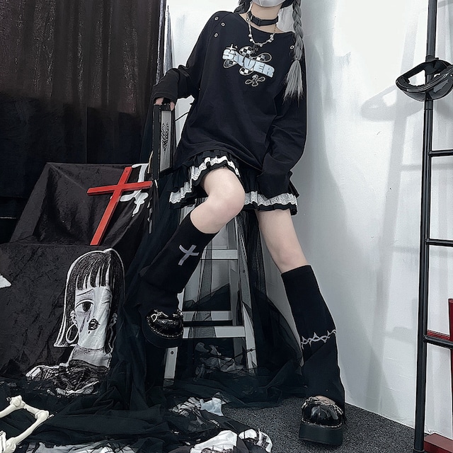 With U CRAZYGIRL オリジナル 春服 Tシャツ ロングスリーブ SILVER ロゴ JK かわいい ストリート系 原宿系 地雷系 ゴスロリ服 病み服