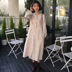 Women Spring Long Sleeve Single Breasted V Neck Long Shirt Dress