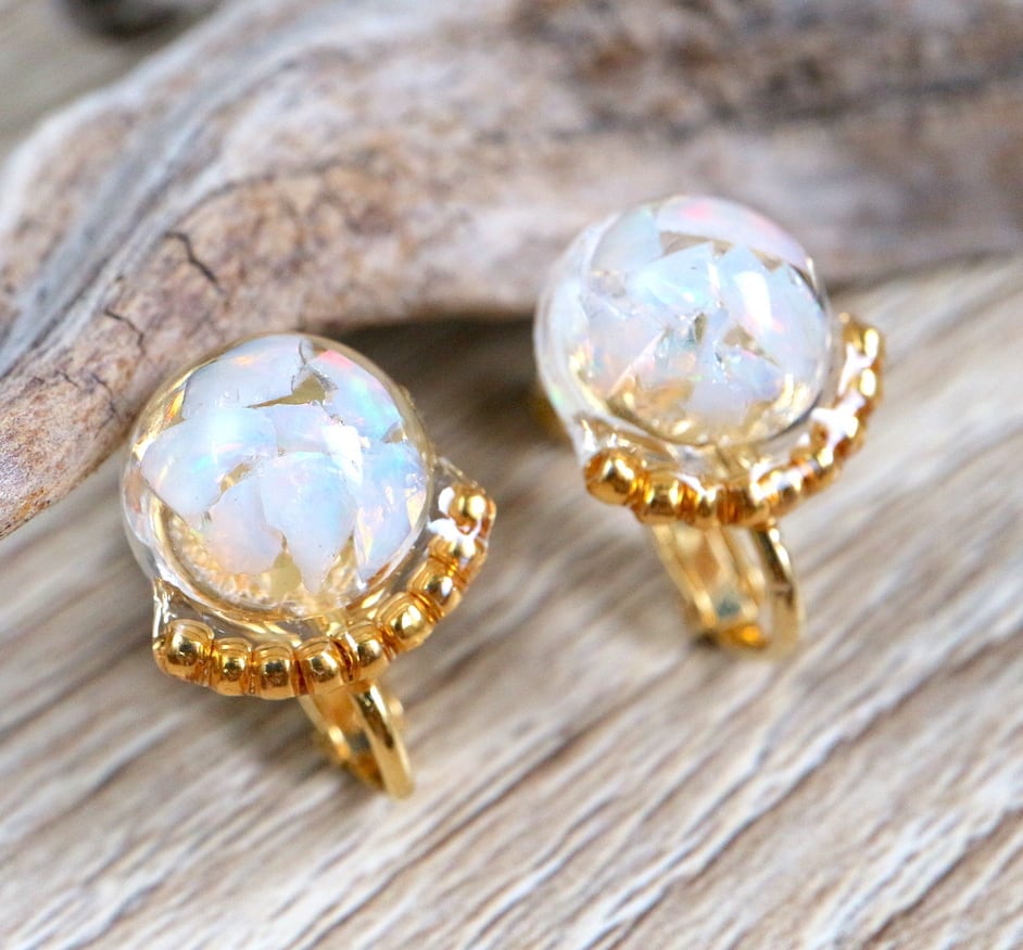 ゴールド系♪摘みたてミモザのオリジナルレジンビーズとパールの