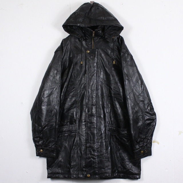 【Caka act2】Detachable Hood Gimmck Vintage Loose Patchwork Leather Coverall Jacket