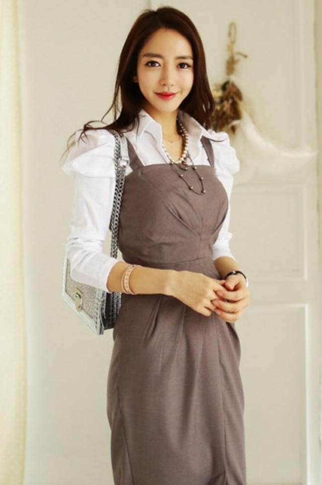 オールインワン スカート レディース ロング丈 ひざ下丈 茶色 モカ スリット 白 シャツ 長袖 セットアップ ツーピース 秋 [A00499]